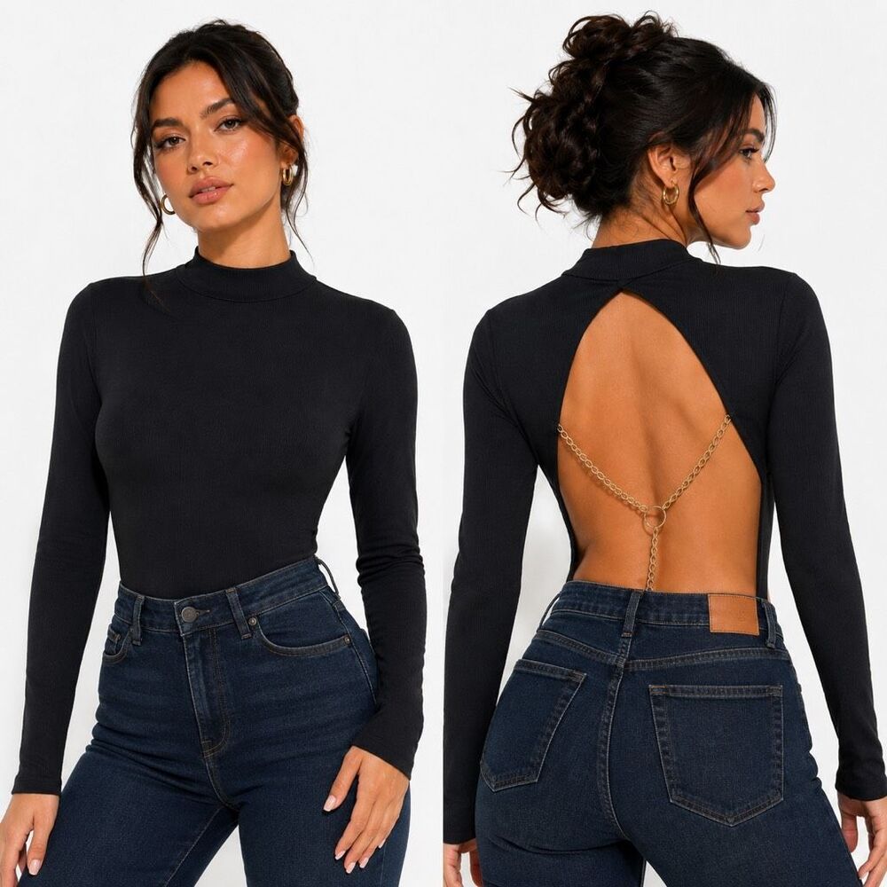 Birch and Stone Black Ribbed Open Back Gold Chain Mock Neck Bodysuit Large